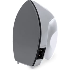 A grey and white iron with a sleek design and a visible power socket at the base.