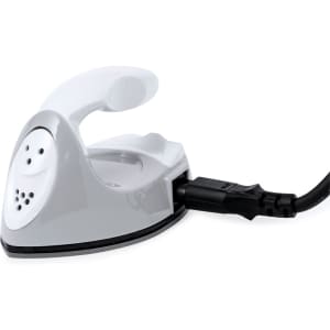 A compact grey iron with a white handle and a black cord, featuring a logo on the side.