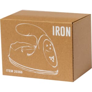 A brown cardboard box containing a small, white iron with a handle and a logo.