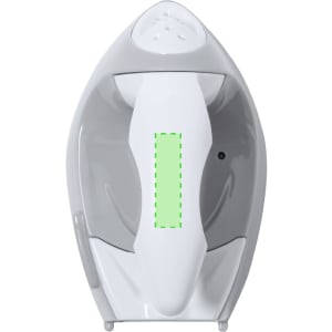 A steam iron in white and grey, featuring a sleek design and an embedded logo.