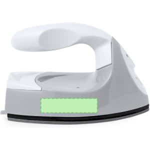 A compact grey and white steam iron featuring a handle, a base, and a logo.