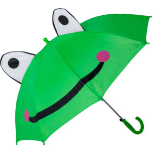 A green umbrella featuring a playful design with large eyes and a smiling mouth. It has two ear-like protrusions.