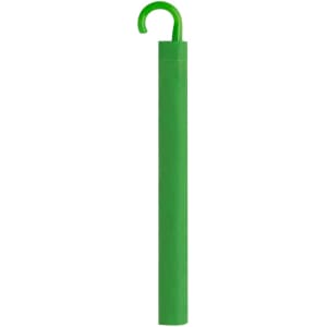A green umbrella with a curved handle, featuring a simple design and an integrated logo.