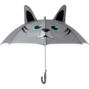 A grey umbrella featuring a cat design with large green eyes and ears, complete with a curved handle.