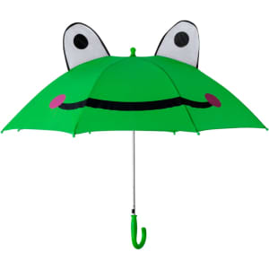 A green umbrella with a frog design, featuring large eyes and a smiling mouth, and a curved handle.