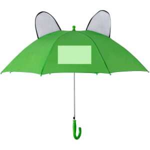A green umbrella with pointed ears on top and a curved handle. It features a blank space for customisation.
