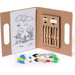 A Clumber Set featuring coloured pencils and accessories, housed in a foldable, brown case with a colouring page.