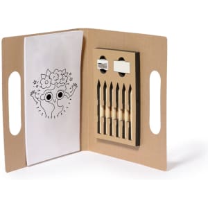 A set of coloured pencils in a cardboard case, featuring a sketch pad and various pencil tips.