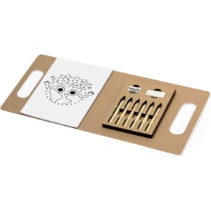 A Clumber Set with coloured pencils and a sketch pad featuring a whimsical illustration. It has a simple branding logo.
