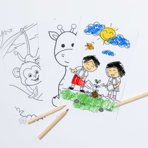 A set of coloured pencils alongside three illustrated colouring sheets featuring animals and children gardening.