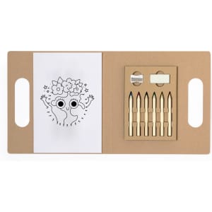 A Clumber Set featuring coloured pencils in a cardboard case, alongside a blank drawing page.