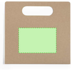 A brown kraft folder with a cut-out handle and a green blank space for labelling. It includes a logo.
