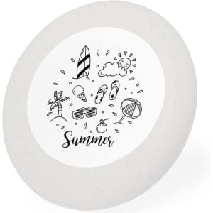 A white Frisbee featuring summer-themed illustrations, including a sun, surfboard, sunglasses, and palm trees.