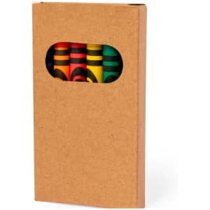 A cardboard box containing brightly coloured crayons, visible through a cut-out window.