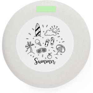 A grey Ashen Frisbee featuring summer-themed illustrations, including surfboards, sunglasses, and palm trees.