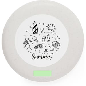A white frisbee featuring summer-themed illustrations and a logo in the centre.