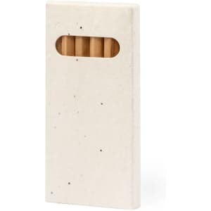 A pencil set featuring coloured pencils encased in a minimalist white holder with a window.