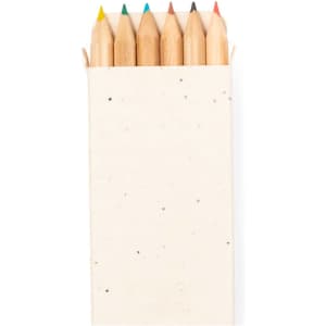 A pencil set featuring eight coloured pencils in various hues, presented in a simple, speckled box with a logo.