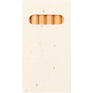 A pencil set in a beige holder, featuring multiple coloured pencils with wooden shafts.