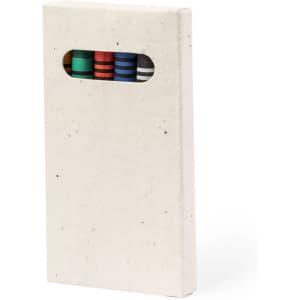 A crayon set in a textured white box with a window, featuring red, blue, green, and black crayons inside.