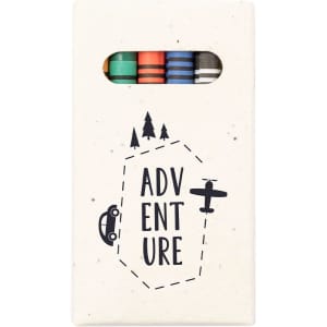 A crayon set in a white box features colourful crayons and an adventure-themed design with a logo.