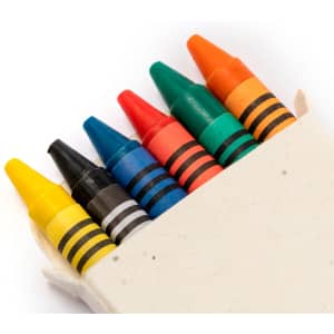 A box containing six crayon pieces in black, brown, yellow, orange, red, green, and blue. It has a logo on the packaging.