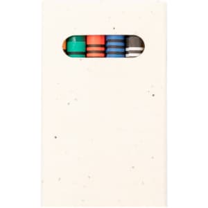 A crayon set featuring green, orange, blue, black, and brown crayons housed in a cream-coloured packaging with a window.