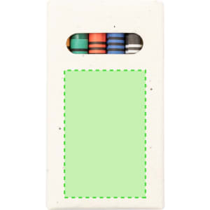 A white box containing coloured crayons in orange, green, blue, and black, with a window revealing the crayons.