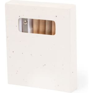 A rectangular case with a window, containing several coloured pencils in shades of brown and cream, alongside a sharpener.