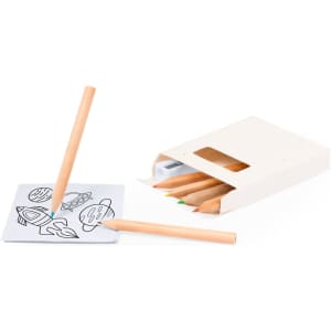 A seed-shaped pencil set in soft pastel colours, with a box and a drawing featuring planets and rockets.
