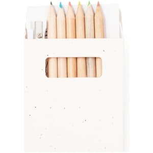 A set of coloured pencils in shades of pink, blue, green, and yellow, housed in a white eco-friendly box.