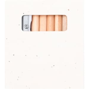 A white packaging with a window revealing several wooden coloured pencils inside. It has a logo.