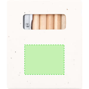 A set of coloured pencils in a white eco-friendly box with a window, featuring a pencil sharpener.
