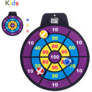 A colourful dartboard featuring concentric circles in purple, blue, yellow, and pink, with three soft darts.