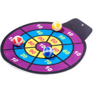 A dartboard with a vibrant purple, yellow, and blue design, featuring three coloured balls in red, blue, and yellow.
