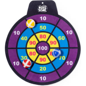 A colourful dartboard featuring a blue, yellow, and purple design with three soft darts in red, blue, and yellow.