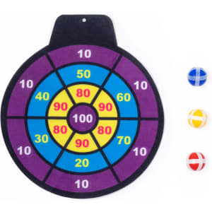 A dartboard featuring vibrant colours like purple, yellow, blue, and pink, with three multicoloured darts beside it.
