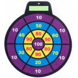 A round dartboard featuring vibrant colours of purple, blue, yellow, and black with radial scoring sections.