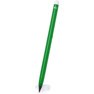 A green pencil with a white tip and a logo, designed for writing and sketching.