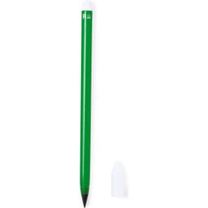 A green pencil with a white tip and a removable cap, featuring a logo on its body.