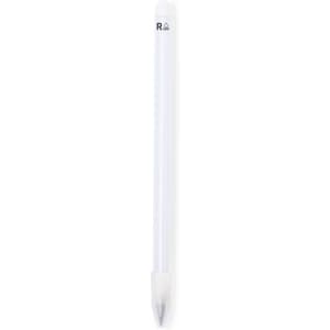 A grey-lead pencil with a white body and a pointed tip, featuring a logo.