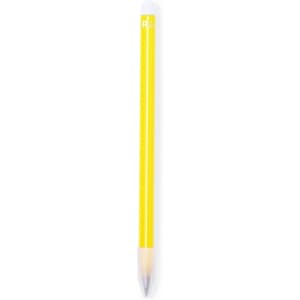 A grey-lead pencil featuring a bright yellow barrel and a white eraser, with a logo at the top.