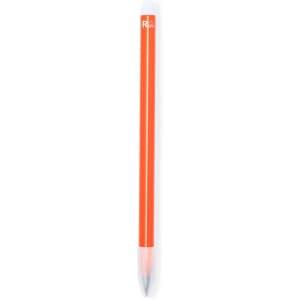 An orange pencil with a white tip, featuring a logo. Suitable for writing.