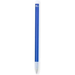 A blue writing pencil with a white tip and a logo on the side.
