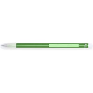 A grey-lead pencil in green and clear with a simple logo.