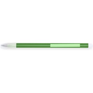 A green pencil with a clear barrel and a silver tip. It features a logo on its surface.