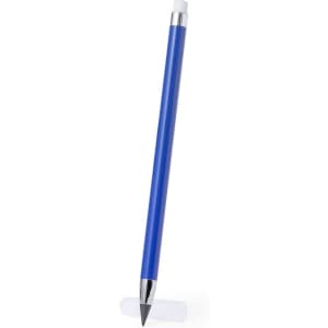 A blue grey-lead pencil with a silver tip and eraser, featuring a simple design and branding.