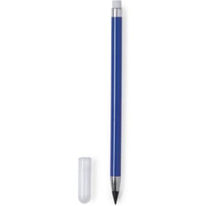 A blue pencil with a silver clip and a plastic cap. It features a logo on the body.