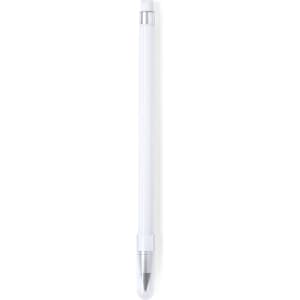 A grey-lead pencil in white with a silver tip and an embossed texture, featuring a logo on the body.