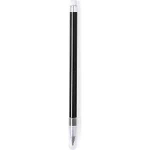 A black pencil with a transparent tip and white accents, featuring branding.